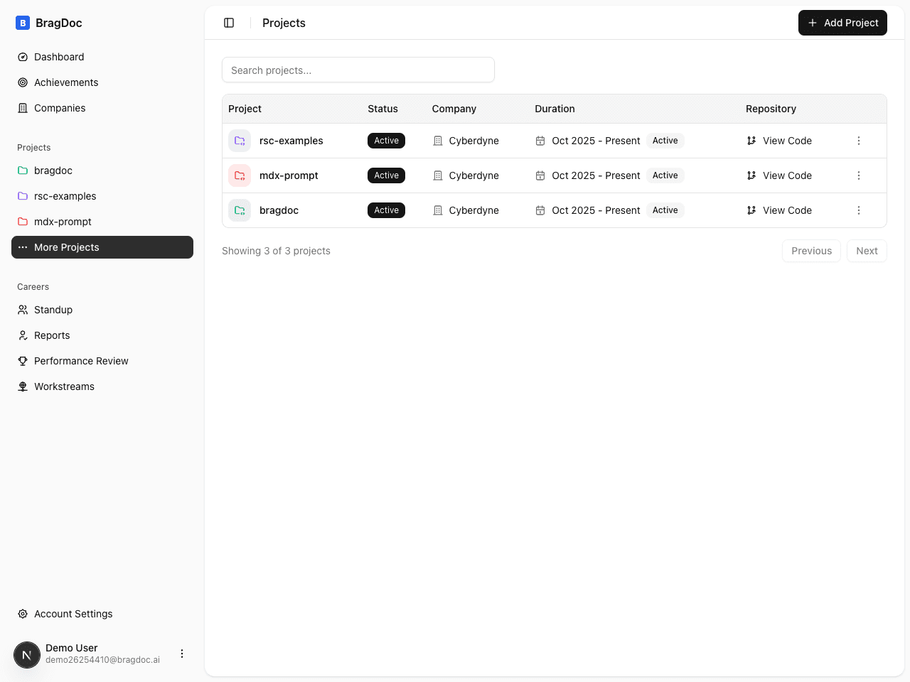 BragDoc projects view with git activity