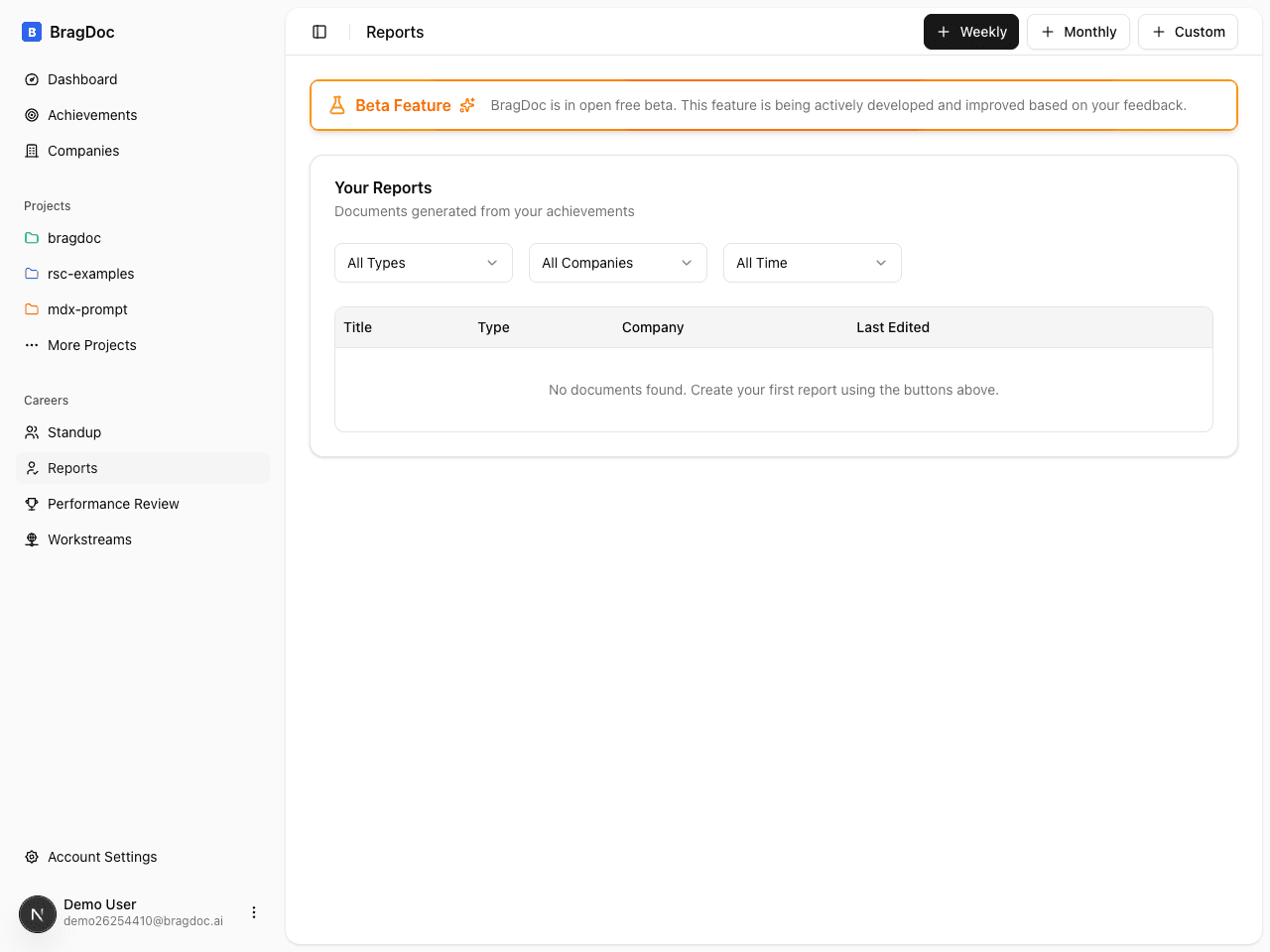 BragDoc reports page with AI-generated documents