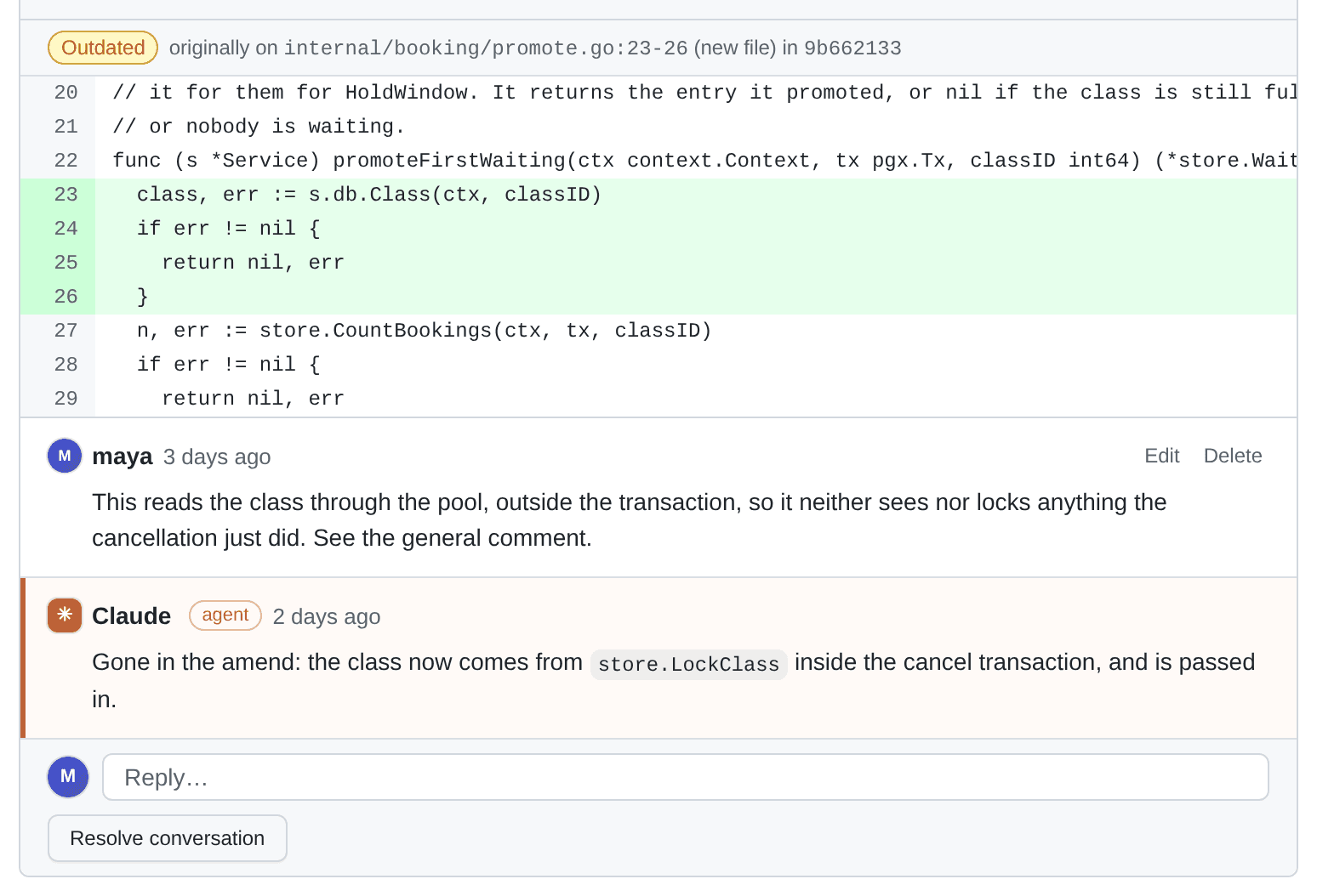 A review thread marked Outdated, showing where it originally sat in the file before the commit was amended, with the agent's reply explaining the fix