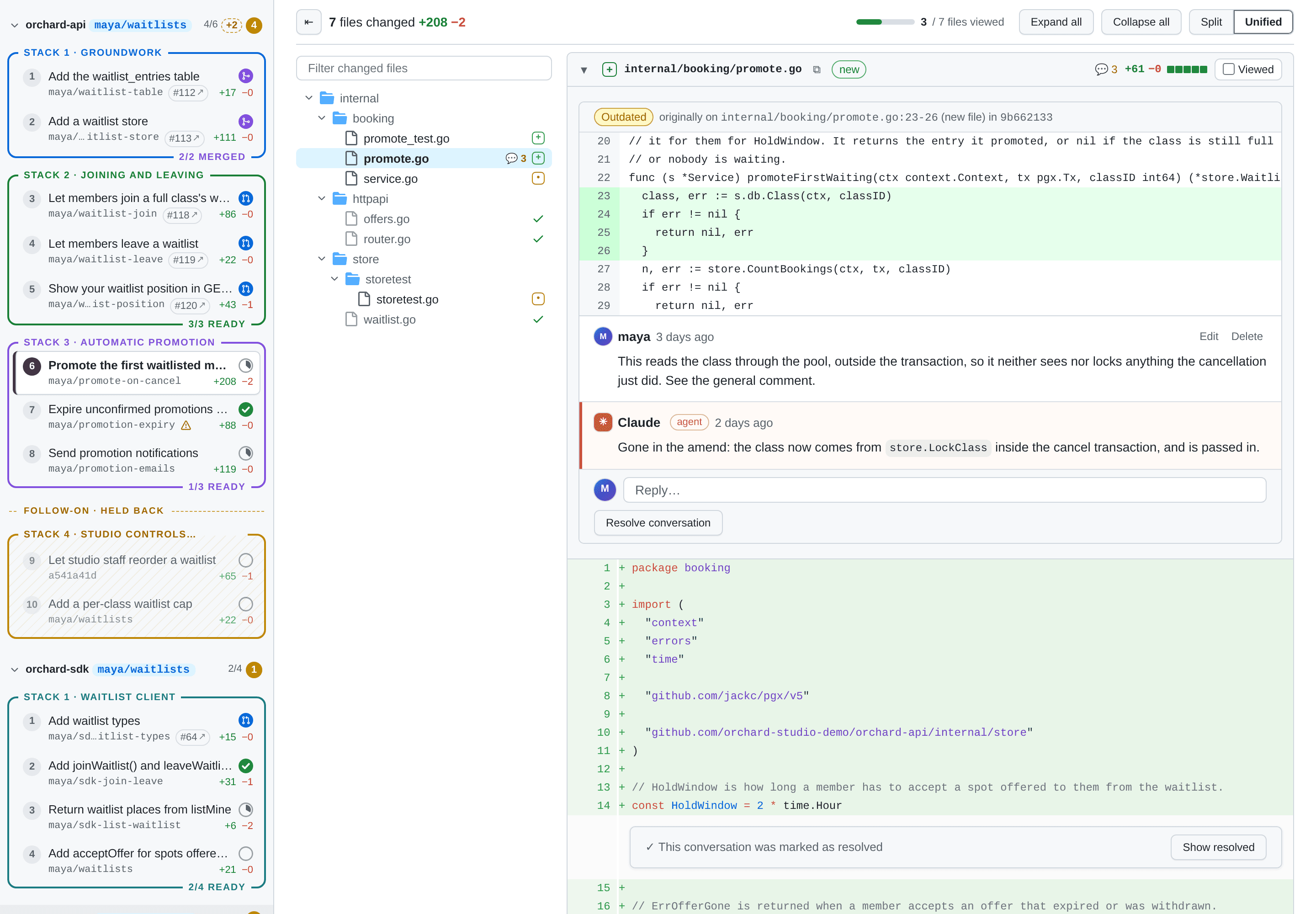 The Files changed tab: a file tree with Viewed checkboxes, a unified diff of a Go file, and an inline thread on a range of lines with the reviewer's comment and the agent's reply