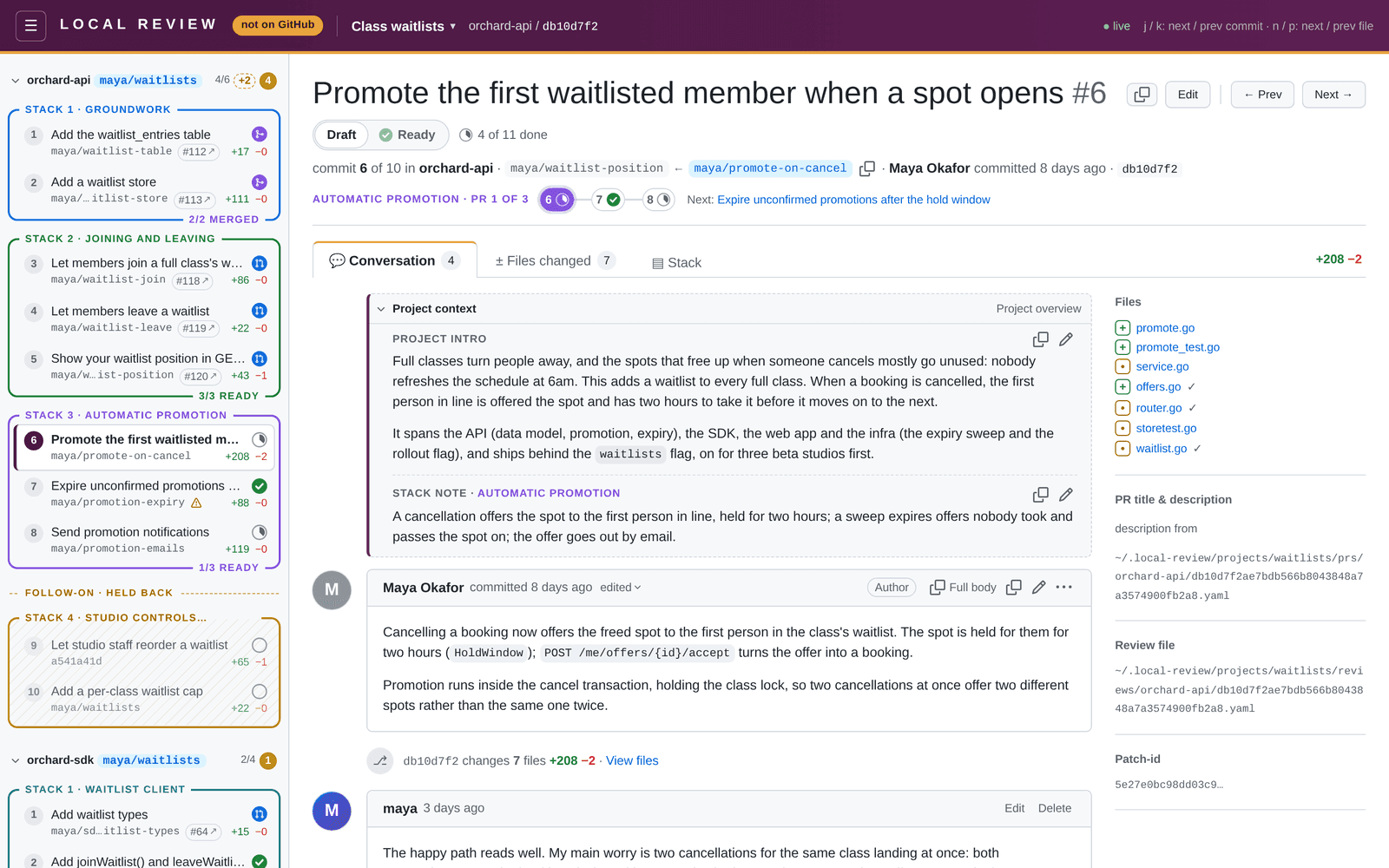 Local Review showing a PR: a deep plum header with a “not on GitHub” pill, a sidebar of colour-coded PR stacks with readiness badges, and the PR's title, Draft/Ready toggle and Conversation tab