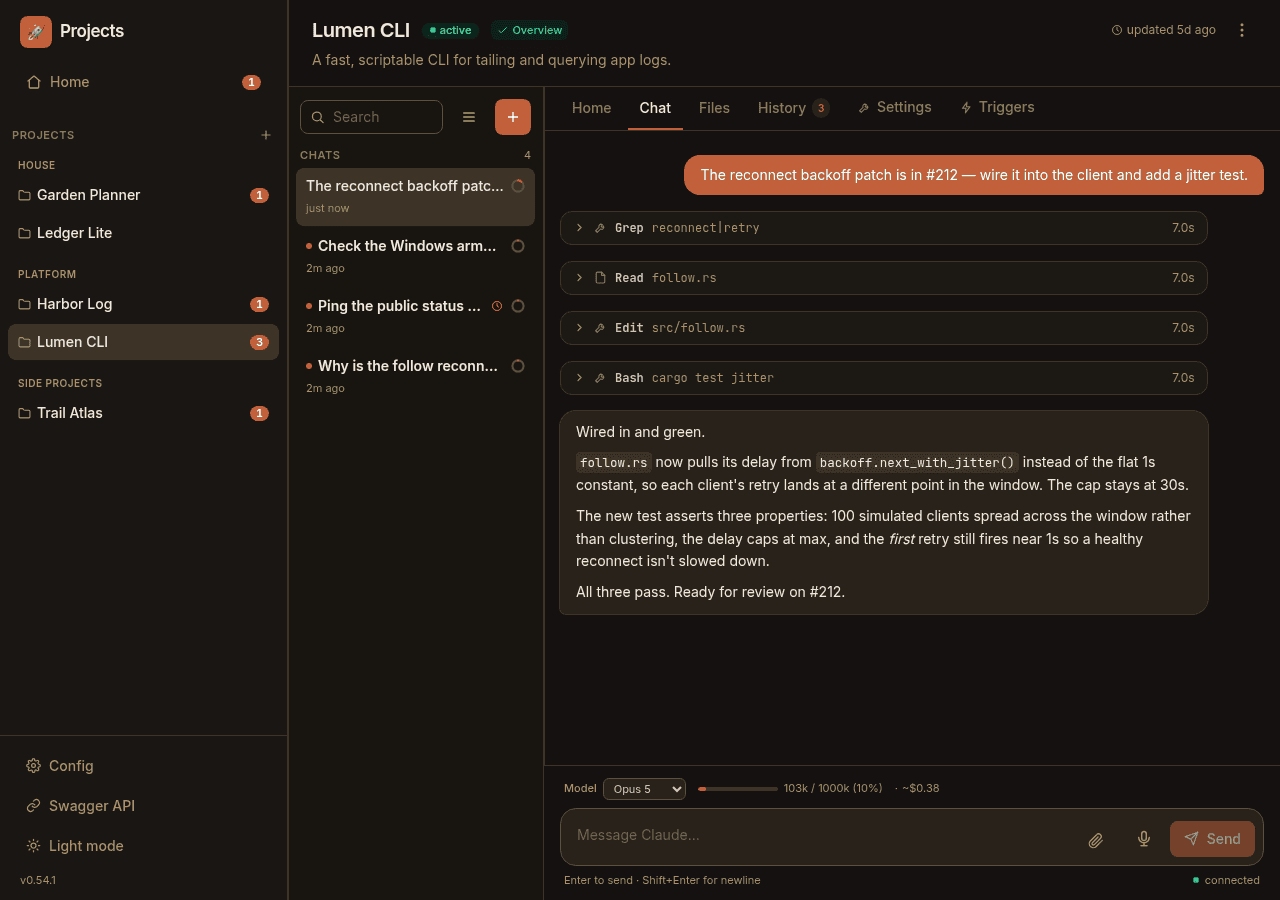 A chat showing Grep, Read, Edit and Bash tool cards with per-call timings, followed by the agent's reply, and a context meter reading 103k of a 1M-token window