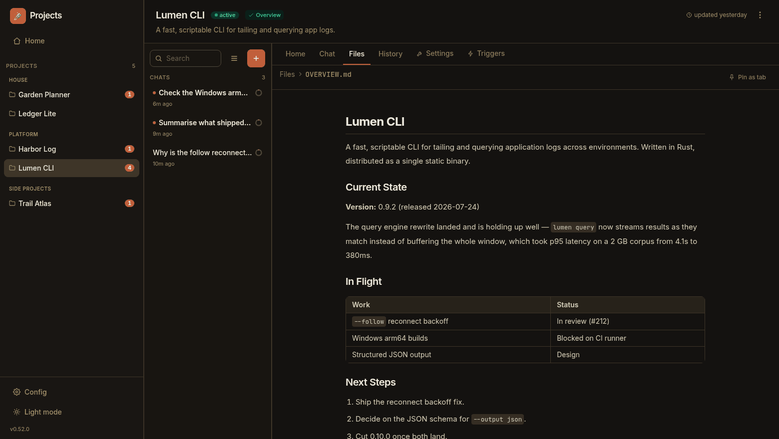 Paddock's Files tab rendering a project's OVERVIEW.md inline, with a breadcrumb and a Pin as tab action