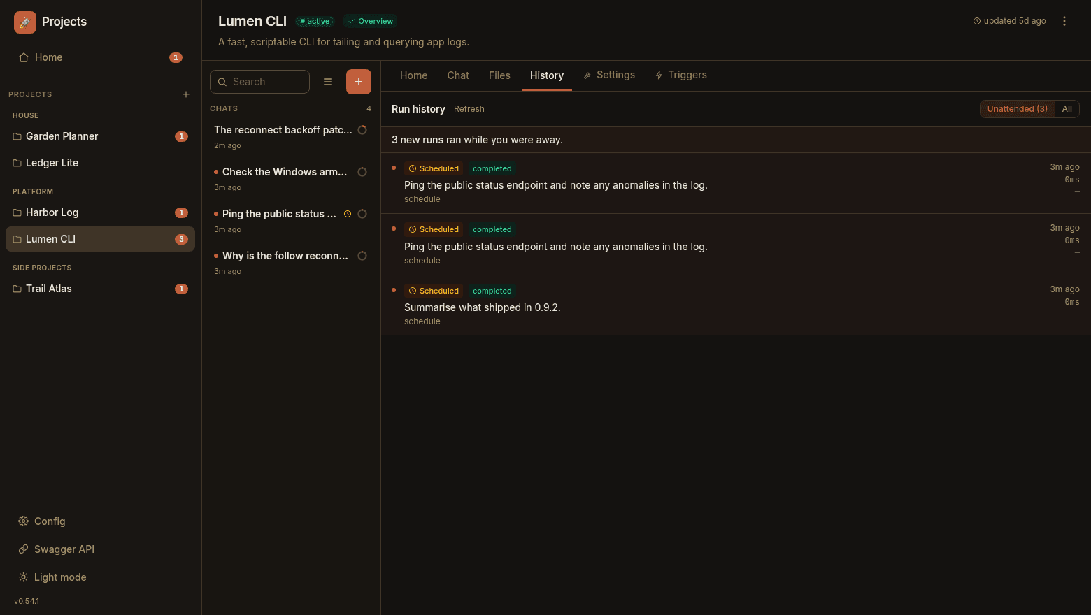 The History tab showing four scheduled runs that completed while the user was away