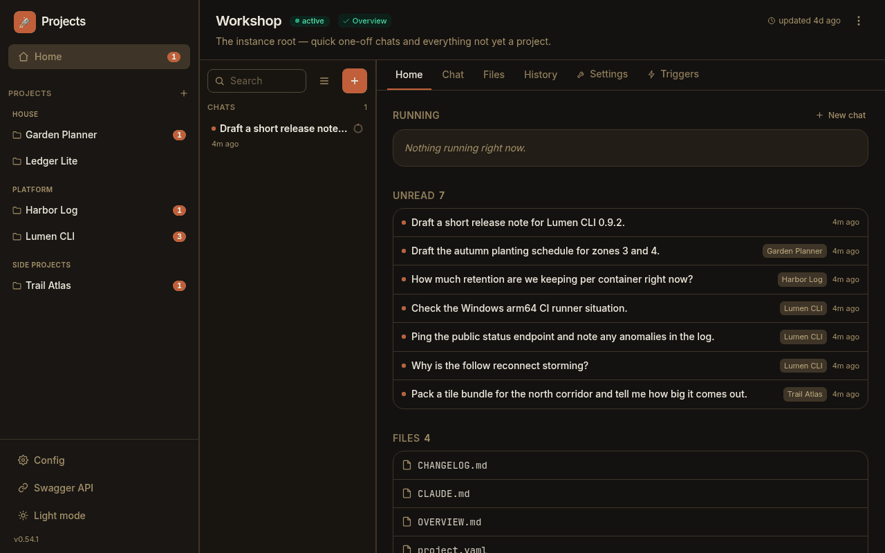 Paddock's Home — a Running section for live turns, an Unread list spanning every project, and the sidebar's projects grouped by area