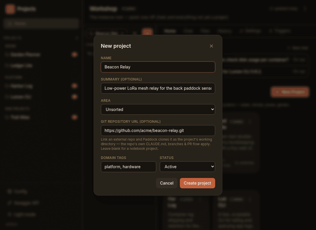 The New project modal with a Git repository URL field, explaining that linking a repo makes Paddock clone it as the project's working directory