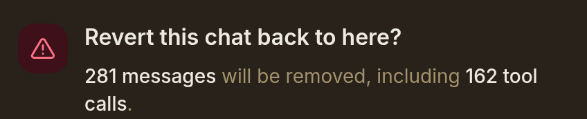 Confirmation dialog: “Revert this chat back to here? 281 messages will be removed, including 162 tool calls.”