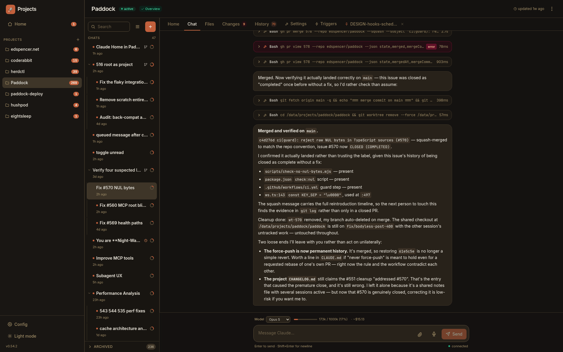 The Fix #570 NUL bytes chat open in Paddock, selected in the sidebar beneath its parent, with its own transcript showing the fix merged and verified on main and its own context and cost meters