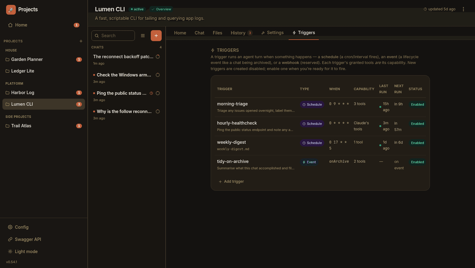 The Triggers tab listing three schedule triggers and an event trigger, each with its firing condition, granted tools, last and next run, and an enabled toggle