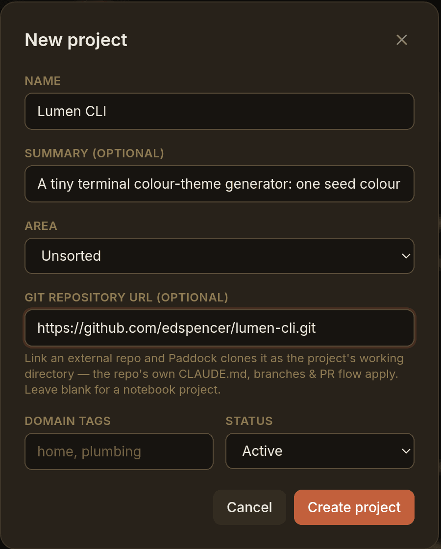 Paddock's New project modal filled in: name Lumen CLI, a one-line summary, and a Git repository URL, with help text explaining that Paddock clones the repo as the project's working directory.