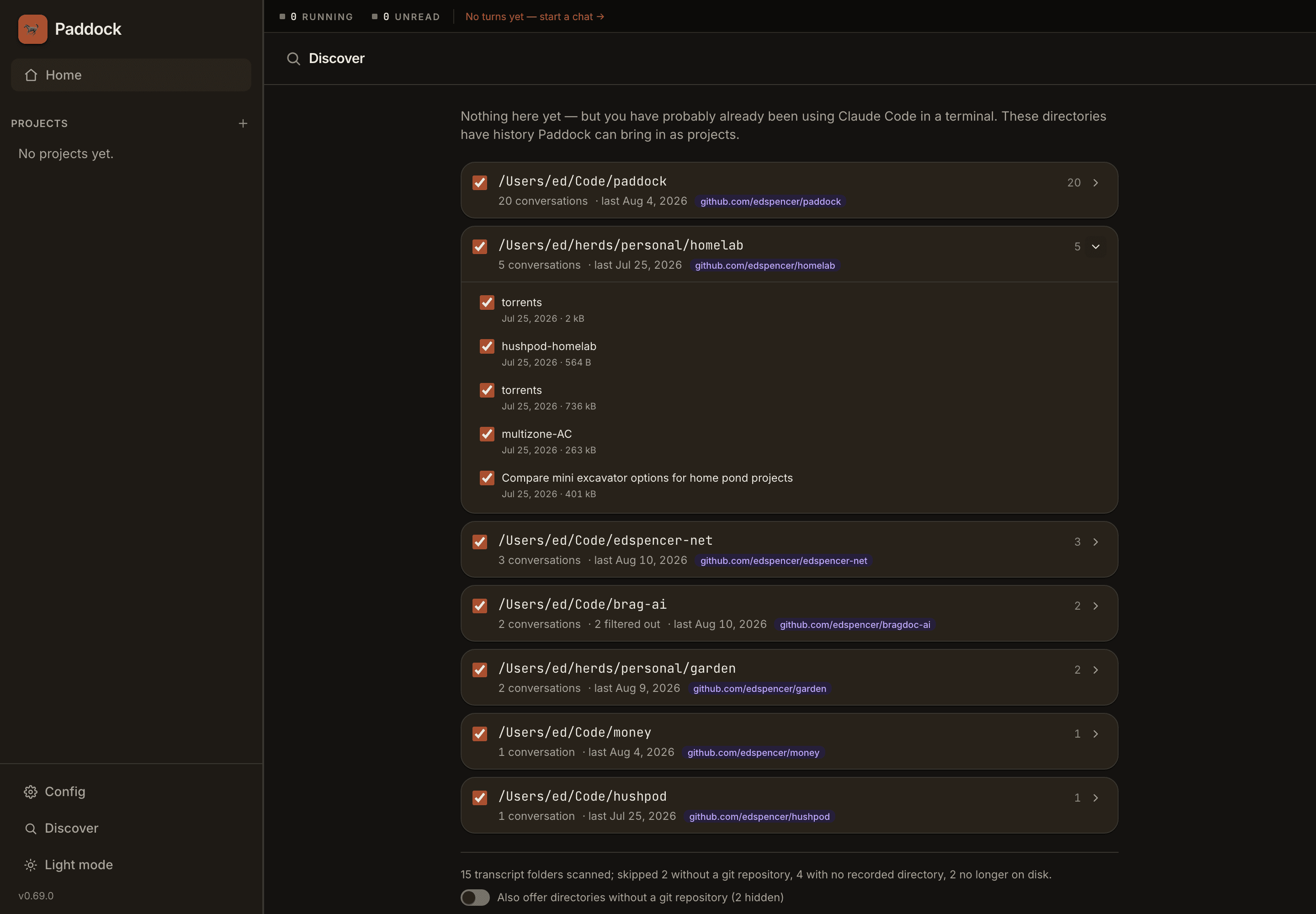 A Discover row expanded to show its five individual conversations, each with its own tickbox, title and date.