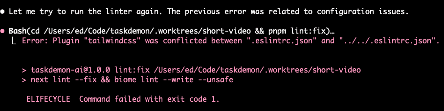 Claude Code trying to run pnpm lint:fix results in an ES Lint conflict