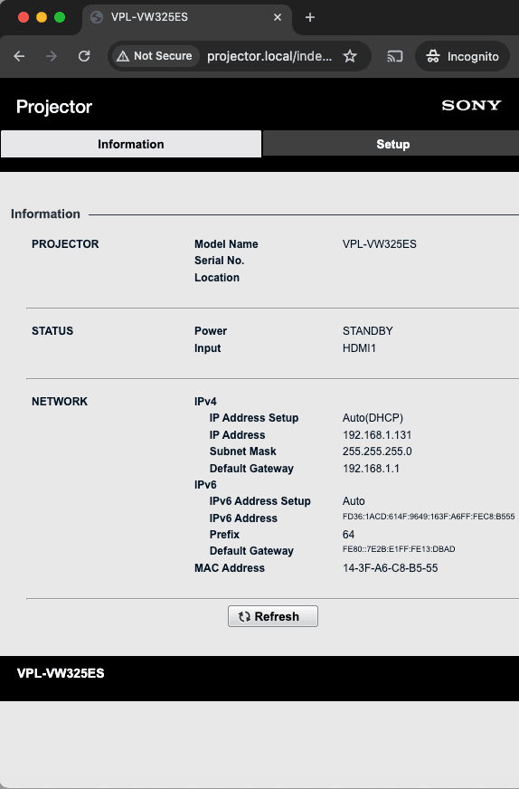 Sony Projector Web UI